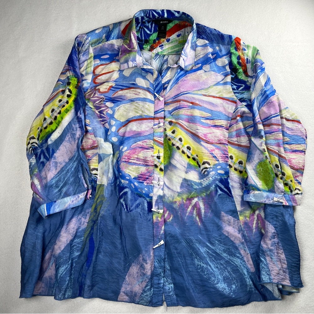 Ali Miles Women's Printed Woven Button Front Tunic Indigo Print 2x - Picture 2 of 6